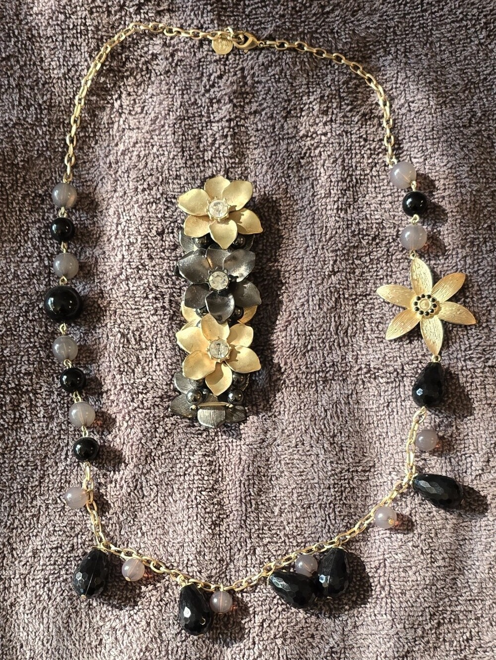 Gold-Tone Floral Black Bead Necklace and Bracelet